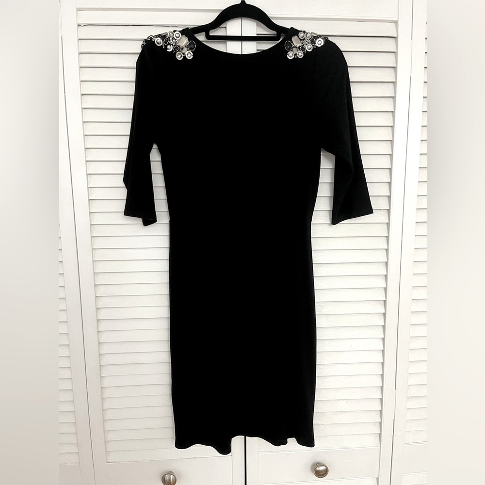 ABS Collection 3/4 Sleeve Black Dress with Shoulder Sequins